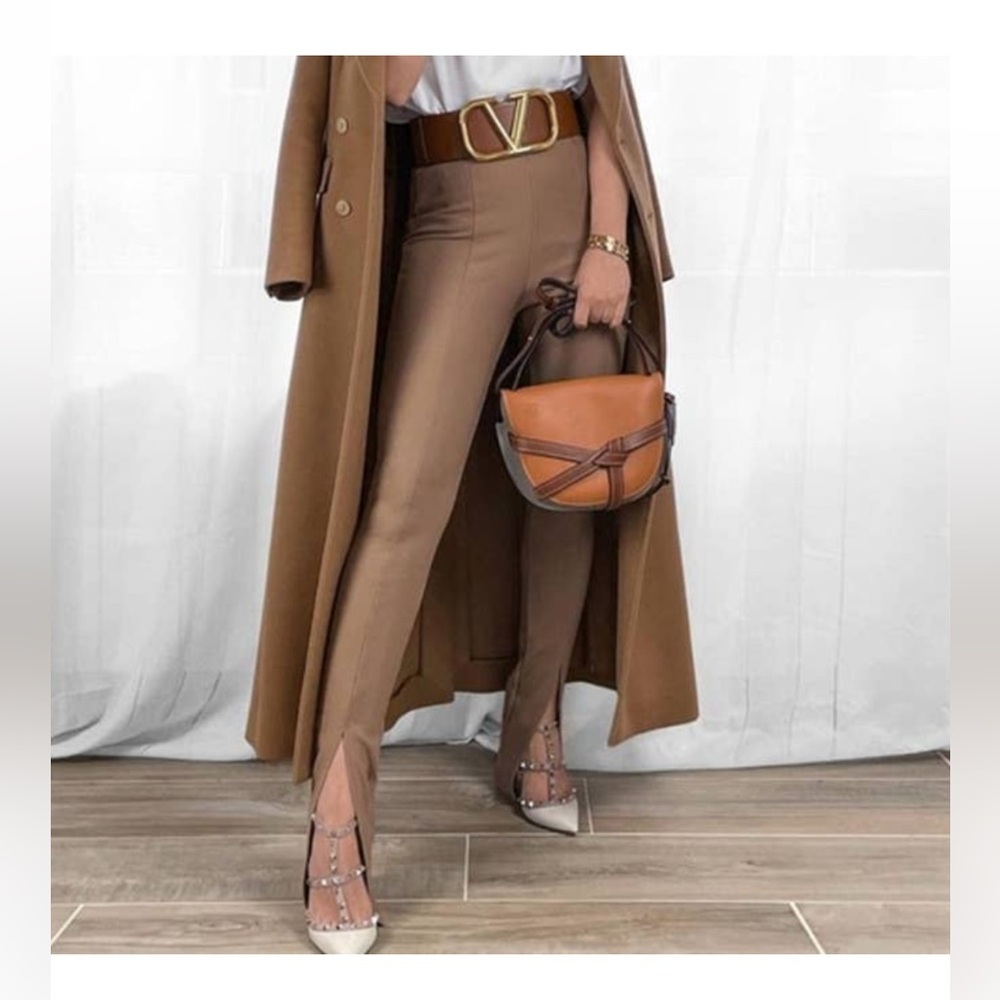ZARA High Rise Ribbed Split Front Leggings Camel Bootcut Pants Size S